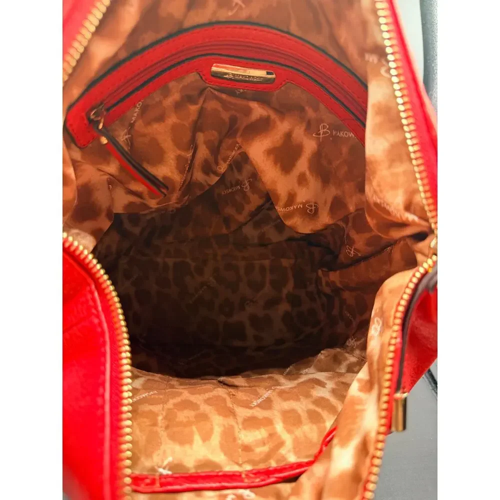 B Makowsky Red Pebbled Leather Hobo Shoulder Bag Gold Hardware
